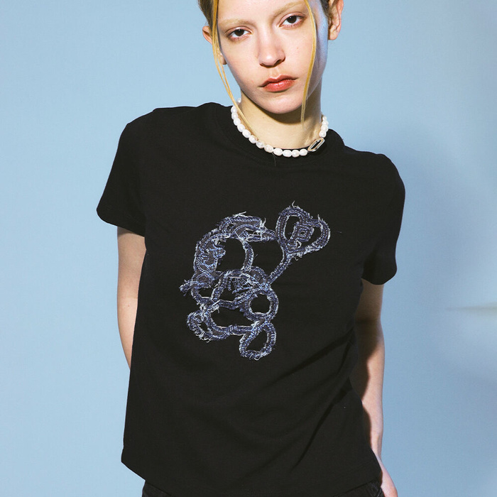 韓國PRENDA - JUMPING RABBIT DENIM PATCH TEE BLACK